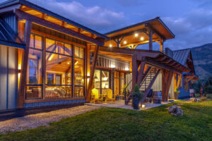 A side view of a house fully lit